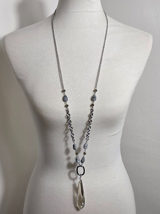 Cato Jewelry - Cato Silver-Tone Necklace Large Faceted Crystal Pendant Gray Stone Beads